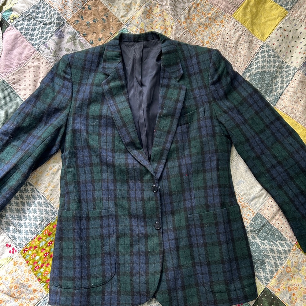 Classic 100% Wool Green and Blue Plaid Women's Blazer